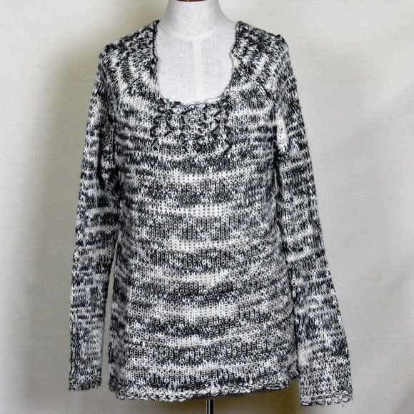 ALBERTO MAKALI Sweater L Black White Stripe Long Sleeve Open Knit - Picture 2 of 5